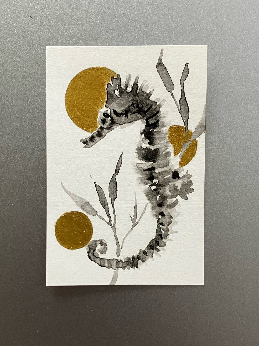 ORIGINAL seahorse seascape painting miniature realism art sumi-e gold accent USA